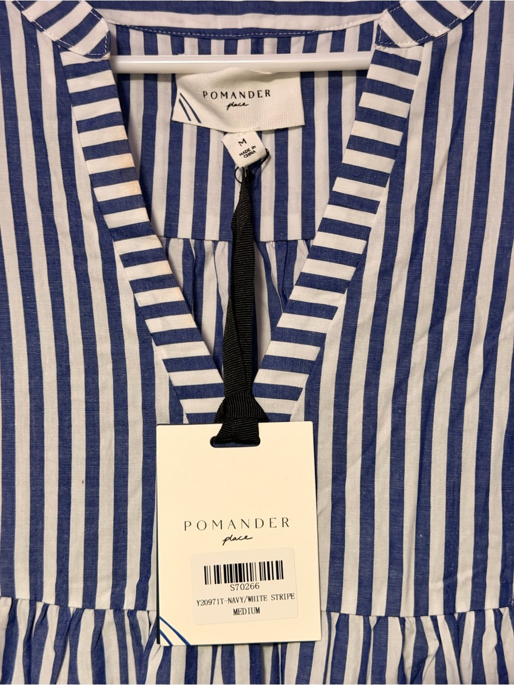 Pomander Place - Navy & White Vertical Stripe Tiered V-Neck Dress - Picture 5 of 7